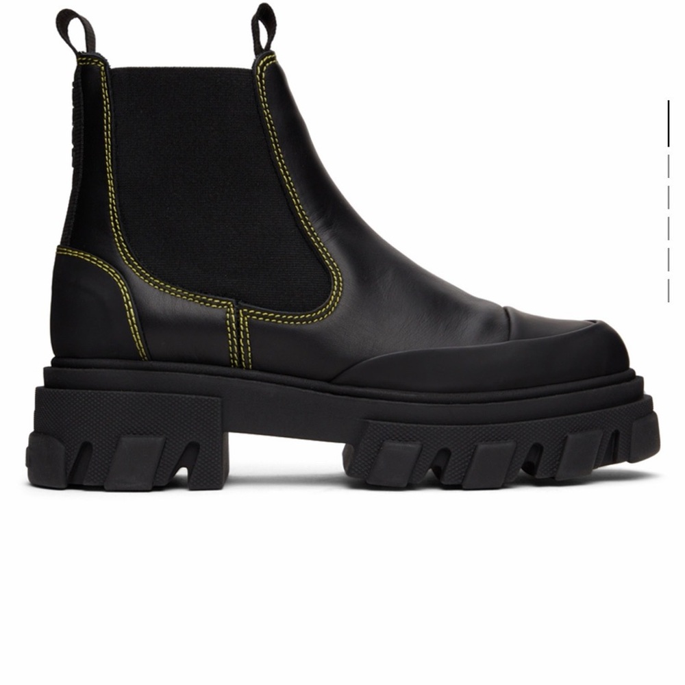Ganni Black Chunky Sole Boots with Yellow Stitching